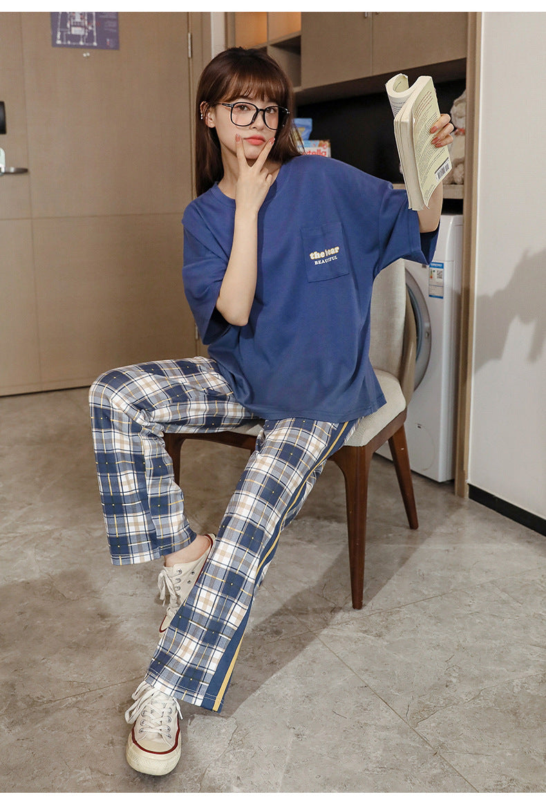 Women's Short-sleeved Pajama with Plaid Pattern Pajamas Pants