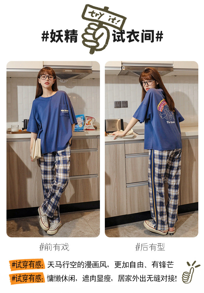 Women's Short-sleeved Pajama with Plaid Pattern Pajamas Pants