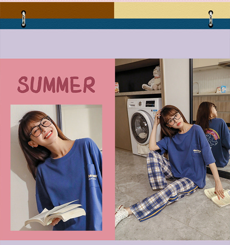 Women's Short-sleeved Pajama with Plaid Pattern Pajamas Pants