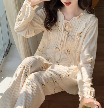 Spring Long Sleeve Cotton Print Pajama Sets