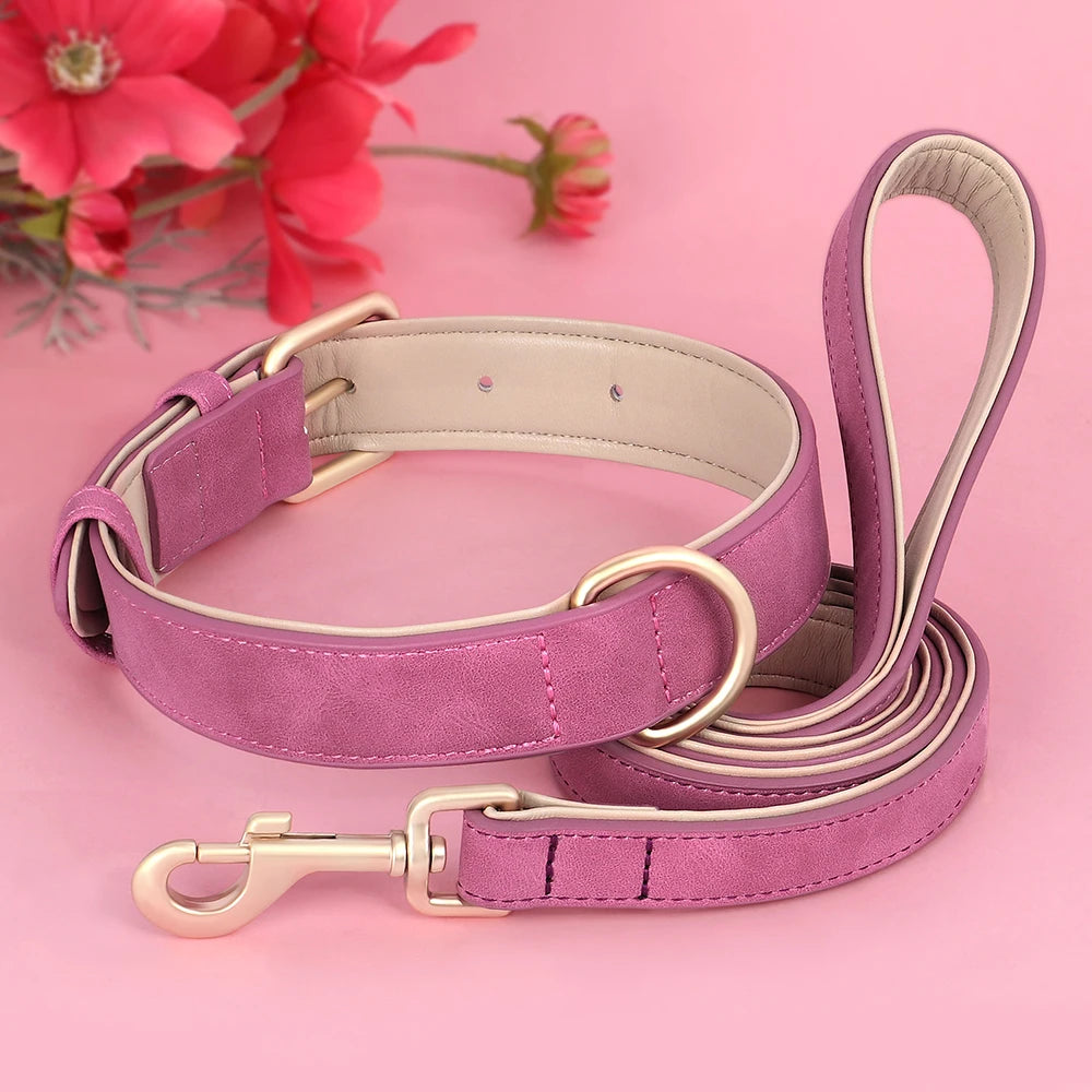 Soft Padded Dog Collar Leash Set PU Leather Pet Dog Collars Necklace With Walking Lead Rope Adjustable For Small Medium Dogs