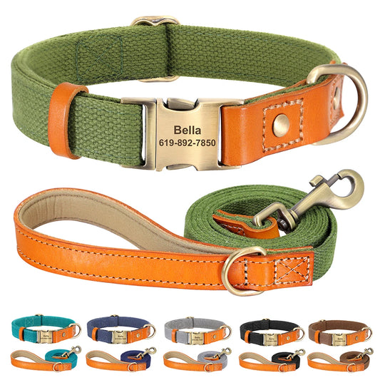 Customized Nylon Leather Pet ID Necklace Anti-Lost Buckle Collars With Lead Rope For Small Large Dogs