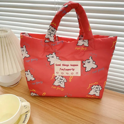 Printed Cartoon Dog Cotton Padded Tote Bag Tulips Flower Quilted Handbag