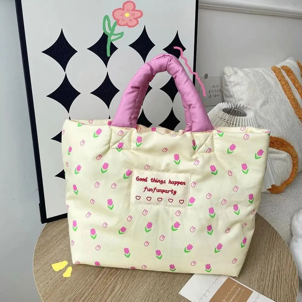 Printed Cartoon Dog Cotton Padded Tote Bag Tulips Flower Quilted Handbag