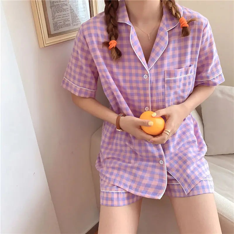 Women's Summer Plaid Pajama Set - Short-Sleeve Top & Shorts Two-Piece Sleepwear