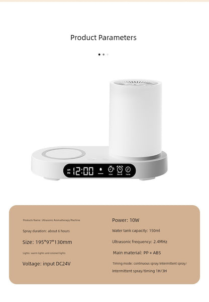 Nano Aroma Diffuser Humidifier with Wireless Phone Charger Clock Bluetooth Audio for Bedroom