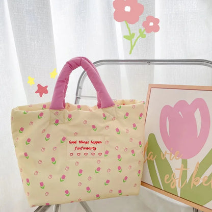 Printed Cartoon Dog Cotton Padded Tote Bag Tulips Flower Quilted Handbag