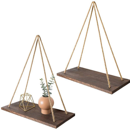 Hanging Macrame Floating Shelves - Triangle Rope Shelf with Natural Reclaimed Wood