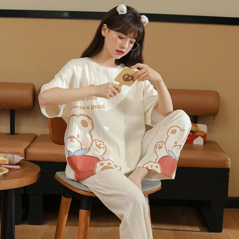 Women's Short-sleeved Pajama with Plaid Pattern Pajamas Pants