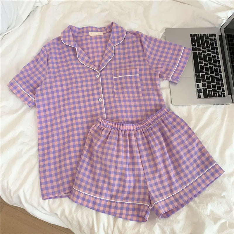 Women's Summer Plaid Pajama Set - Short-Sleeve Top & Shorts Two-Piece Sleepwear