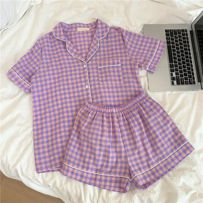 Women's Summer Plaid Pajama Set - Short-Sleeve Top & Shorts Two-Piece Sleepwear