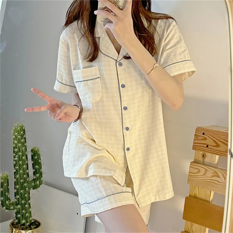 Women's Summer Plaid Pajama Set - Short-Sleeve Top & Shorts Two-Piece Sleepwear