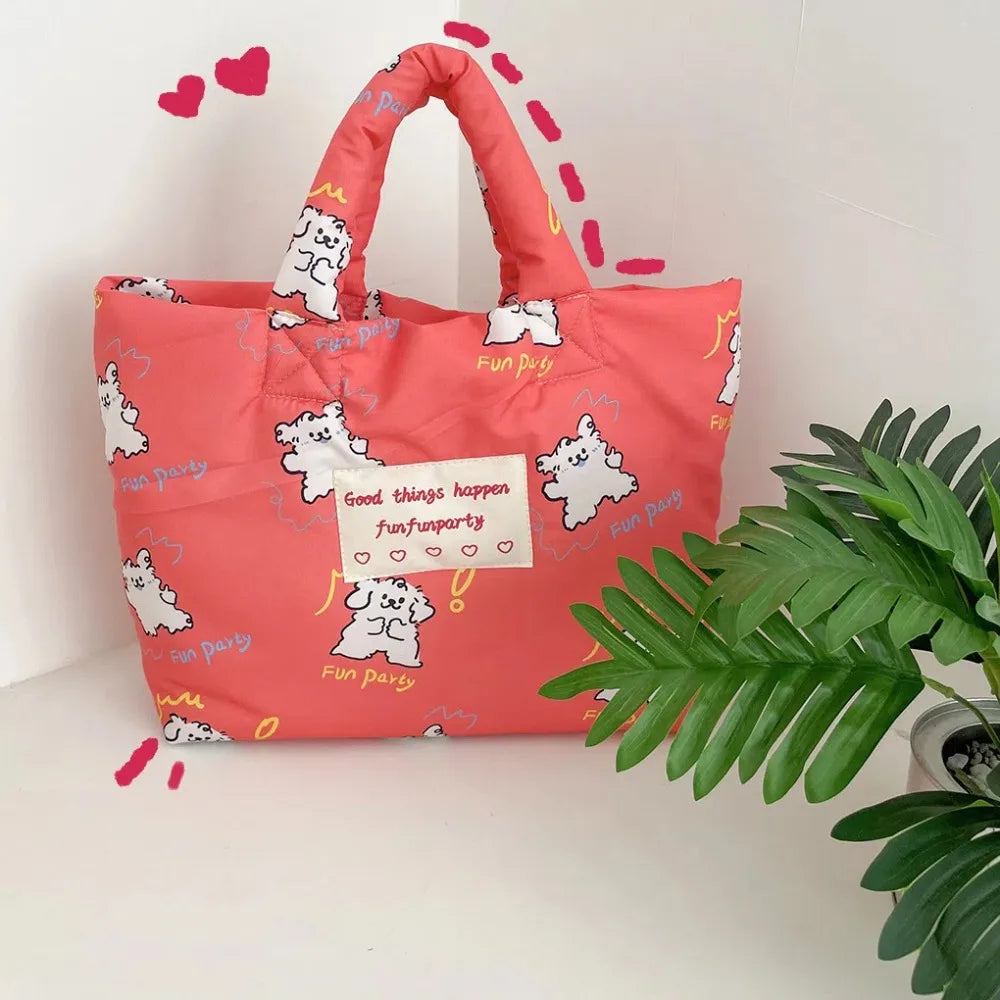 Printed Cartoon Dog Cotton Padded Tote Bag Tulips Flower Quilted Handbag