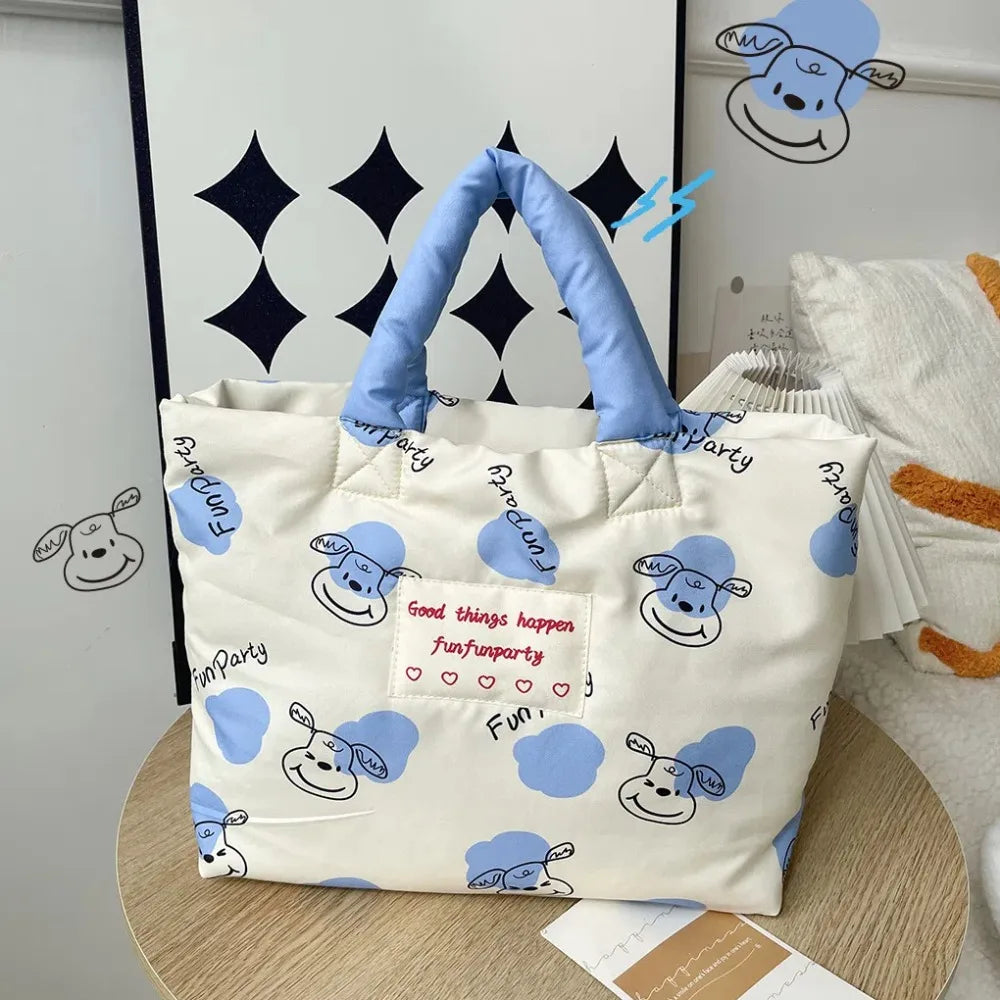 Printed Cartoon Dog Cotton Padded Tote Bag Tulips Flower Quilted Handbag