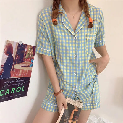 Women's Summer Plaid Pajama Set - Short-Sleeve Top & Shorts Two-Piece Sleepwear