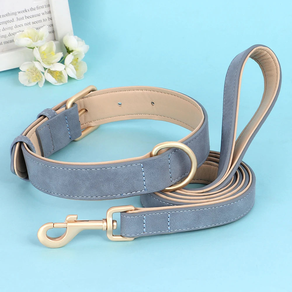 Soft Padded Dog Collar Leash Set PU Leather Pet Dog Collars Necklace With Walking Lead Rope Adjustable For Small Medium Dogs