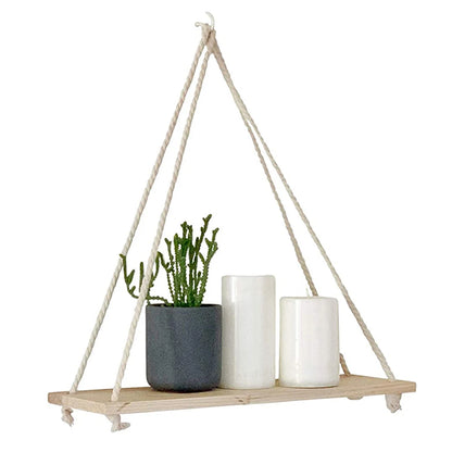 Hanging Macrame Floating Shelves - Triangle Rope Shelf with Natural Reclaimed Wood