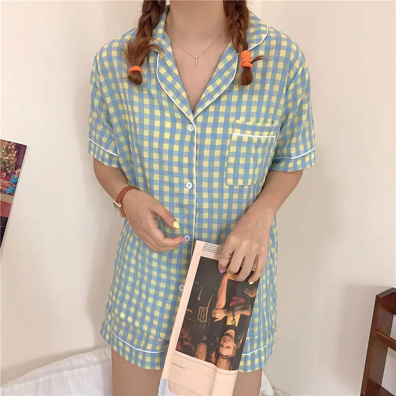 Women's Summer Plaid Pajama Set - Short-Sleeve Top & Shorts Two-Piece Sleepwear