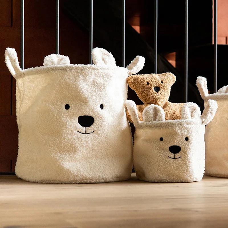 Cute Teddy Bear Folding Storage Basket - Soft Sherpa Organizer for Laundry, Toys, and Sundries