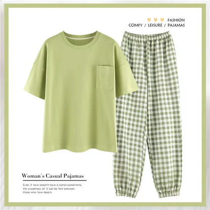 Women's Short-sleeved Pajama with Plaid Pattern Pajamas Pants