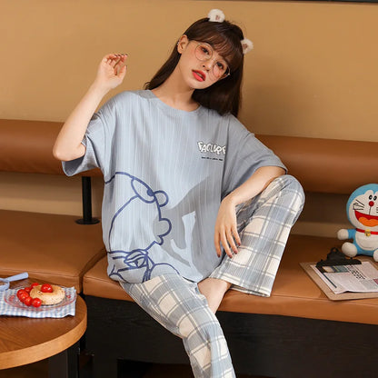 Women's Short-sleeved Pajama with Plaid Pattern Pajamas Pants