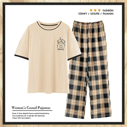 Women's Short-sleeved Pajama with Plaid Pattern Pajamas Pants