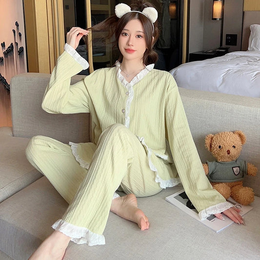 Women's Plus Size Cotton Pajama Set - Long Sleeve Lace Sleepwear for Autumn