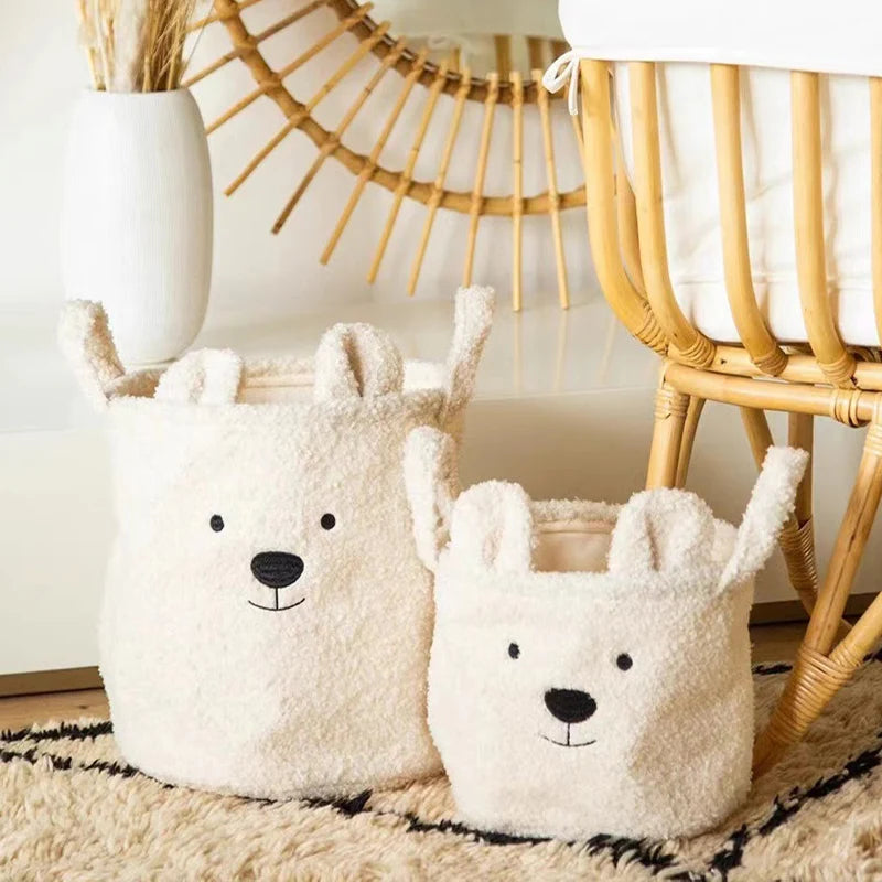 Cute Teddy Bear Folding Storage Basket - Soft Sherpa Organizer for Laundry, Toys, and Sundries