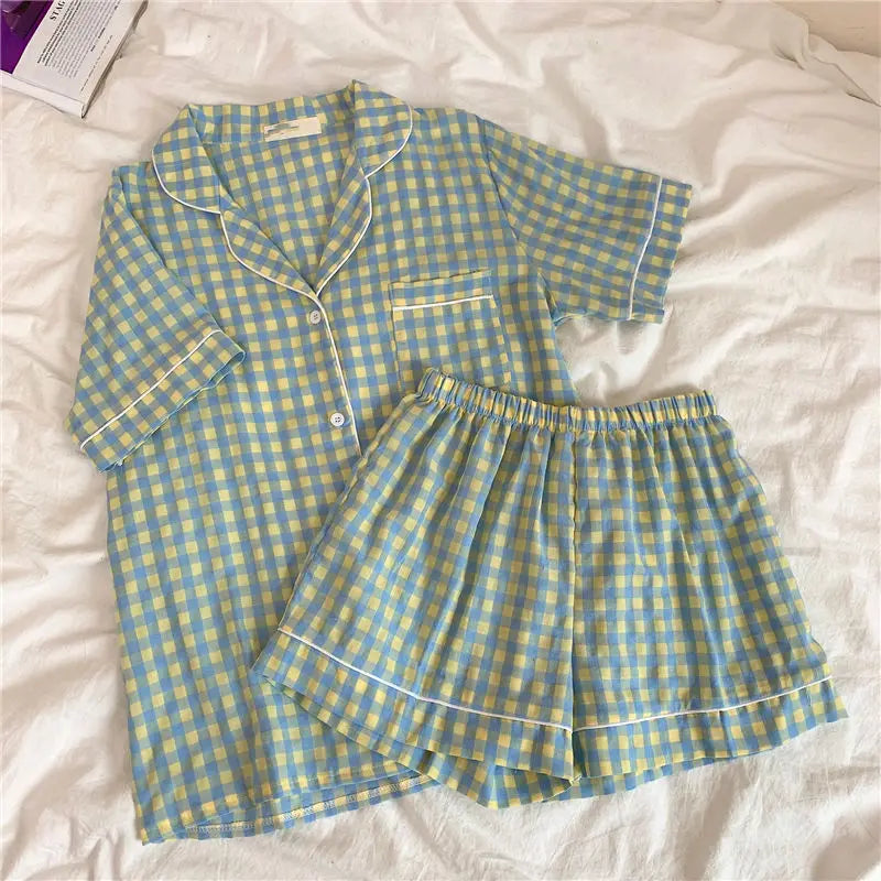 Women's Summer Plaid Pajama Set - Short-Sleeve Top & Shorts Two-Piece Sleepwear