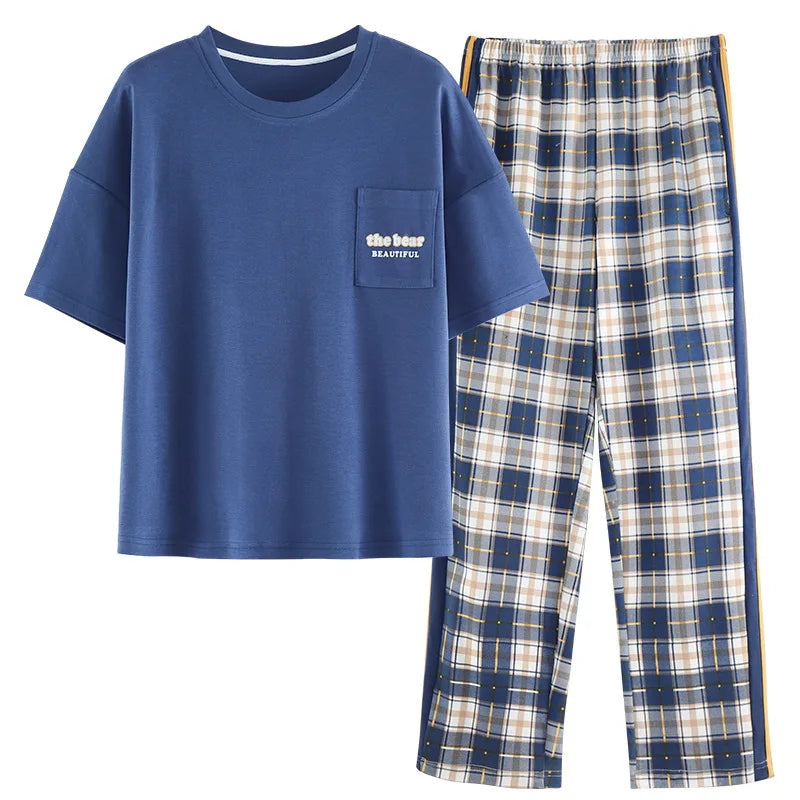 Women's Short-sleeved Pajama with Plaid Pattern Pajamas Pants