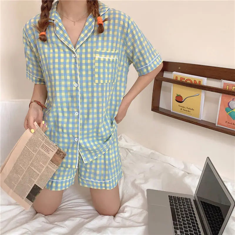 Women's Summer Plaid Pajama Set - Short-Sleeve Top & Shorts Two-Piece Sleepwear