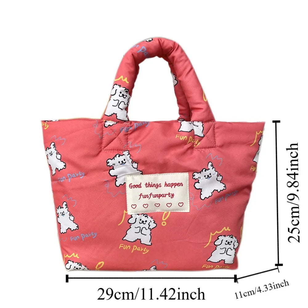 Printed Cartoon Dog Cotton Padded Tote Bag Tulips Flower Quilted Handbag