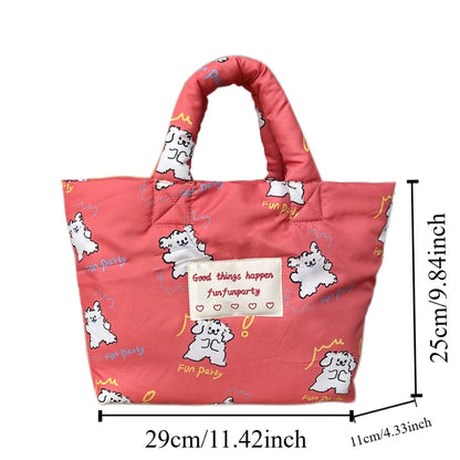 Printed Cartoon Dog Cotton Padded Tote Bag Tulips Flower Quilted Handbag