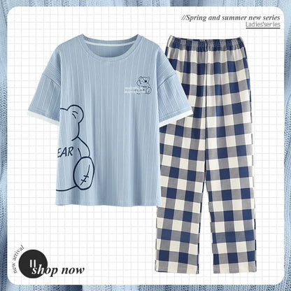 Women's Short-sleeved Pajama with Plaid Pattern Pajamas Pants