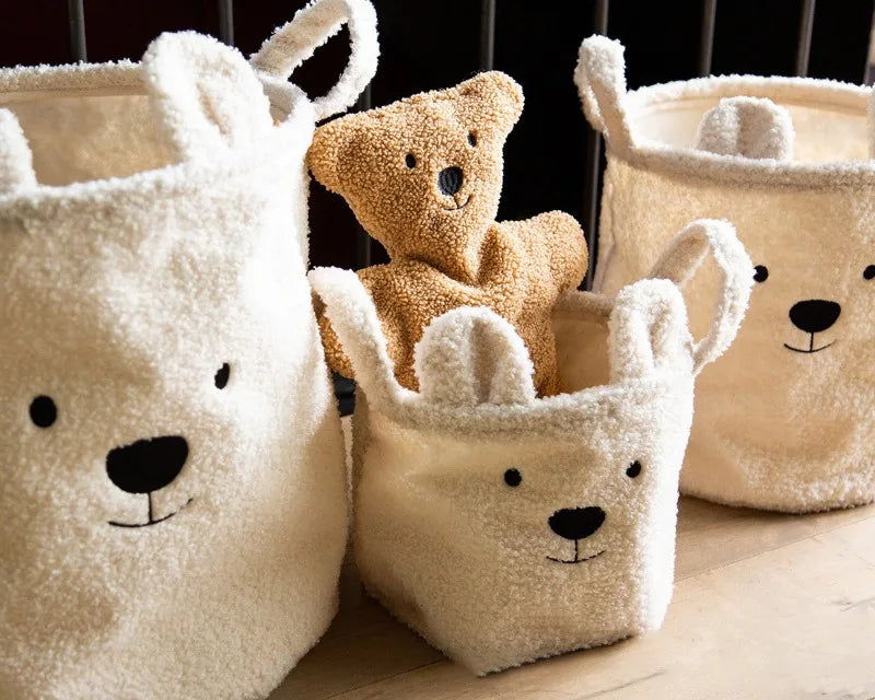 Cute Teddy Bear Folding Storage Basket - Soft Sherpa Organizer for Laundry, Toys, and Sundries