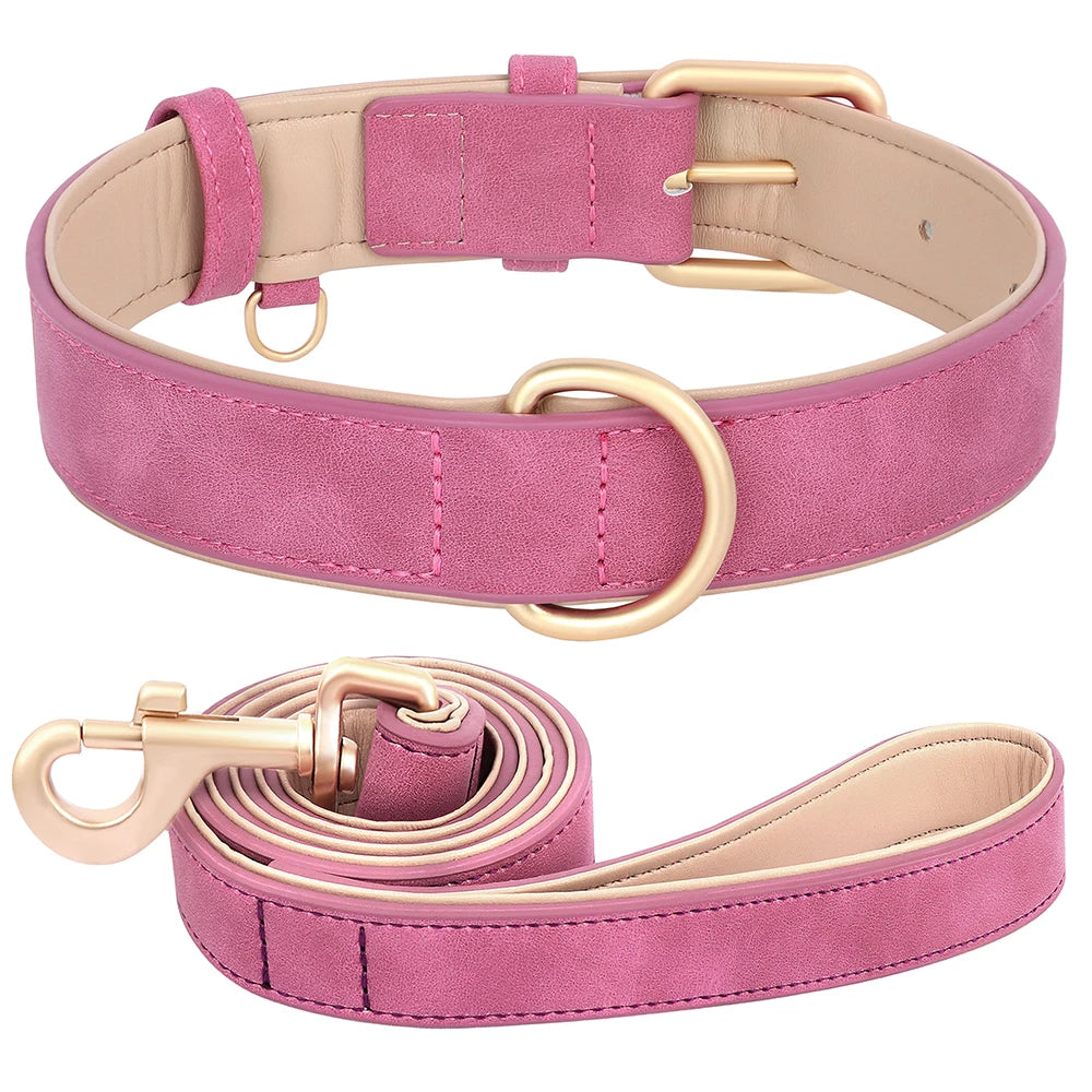 Soft Padded Dog Collar Leash Set PU Leather Pet Dog Collars Necklace With Walking Lead Rope Adjustable For Small Medium Dogs