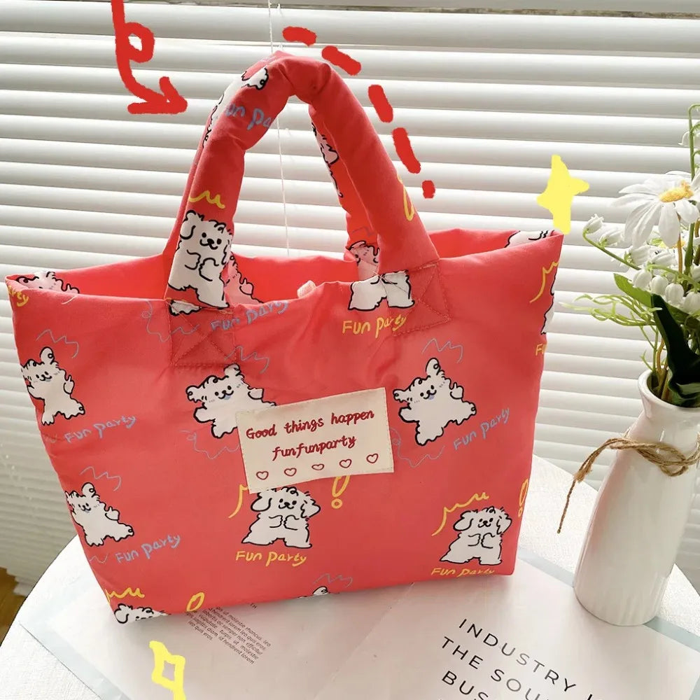 Printed Cartoon Dog Cotton Padded Tote Bag Tulips Flower Quilted Handbag