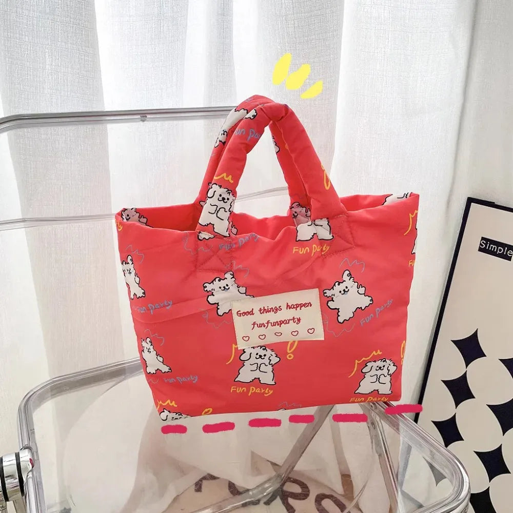 Printed Cartoon Dog Cotton Padded Tote Bag Tulips Flower Quilted Handbag