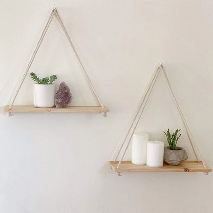 Hanging Macrame Floating Shelves - Triangle Rope Shelf with Natural Reclaimed Wood