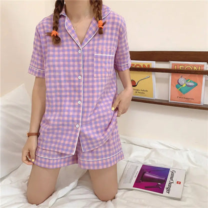 Women's Summer Plaid Pajama Set - Short-Sleeve Top & Shorts Two-Piece Sleepwear