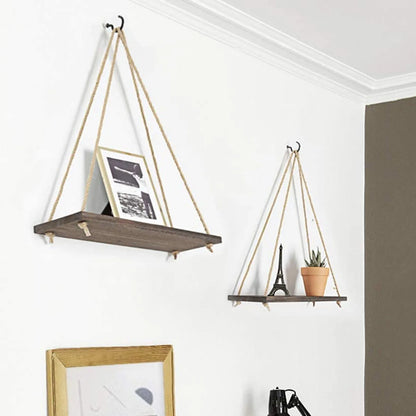 Hanging Macrame Floating Shelves - Triangle Rope Shelf with Natural Reclaimed Wood