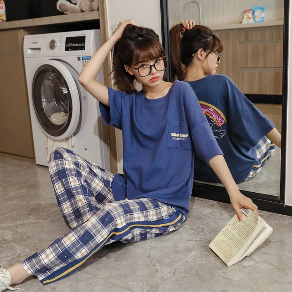 Women's Short-sleeved Pajama with Plaid Pattern Pajamas Pants