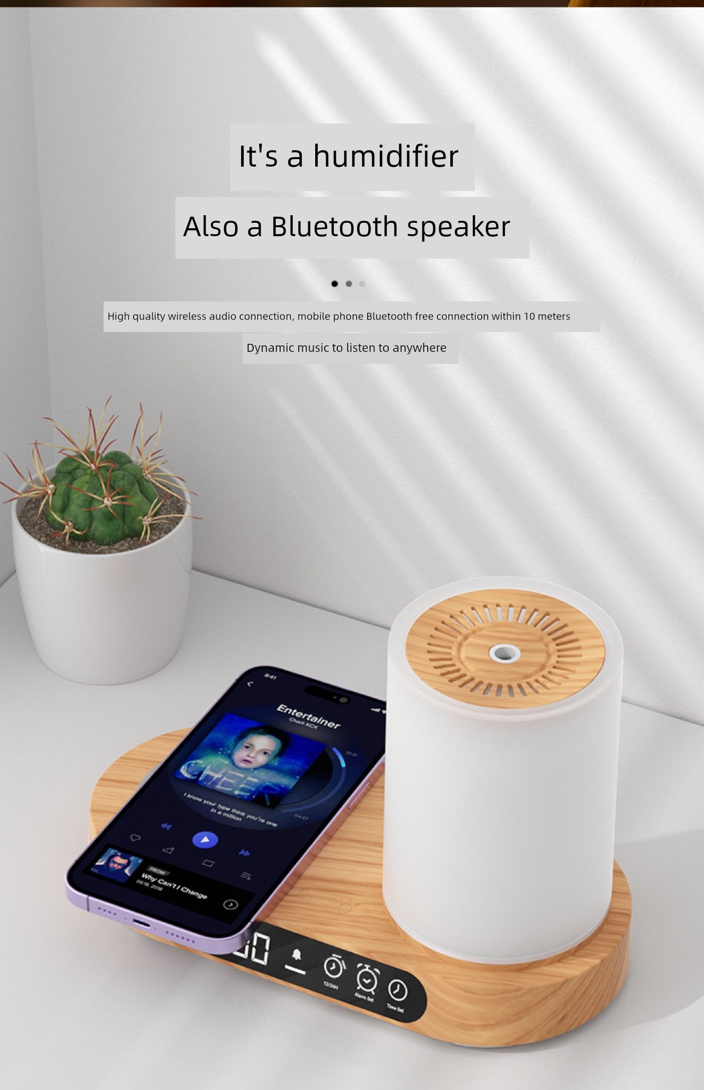 Nano Aroma Diffuser Humidifier with Wireless Phone Charger Clock Bluetooth Audio for Bedroom