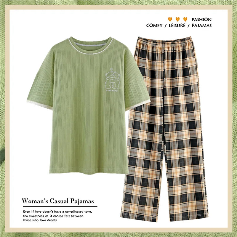 Women's Short-sleeved Pajama with Plaid Pattern Pajamas Pants