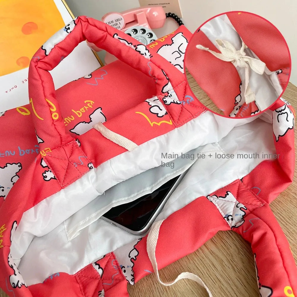 Printed Cartoon Dog Cotton Padded Tote Bag Tulips Flower Quilted Handbag