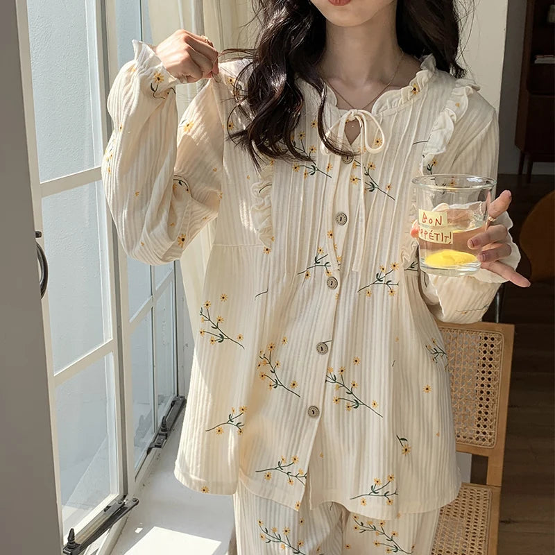 Spring Long Sleeve Cotton Print Pajama Sets