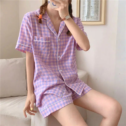 Women's Summer Plaid Pajama Set - Short-Sleeve Top & Shorts Two-Piece Sleepwear