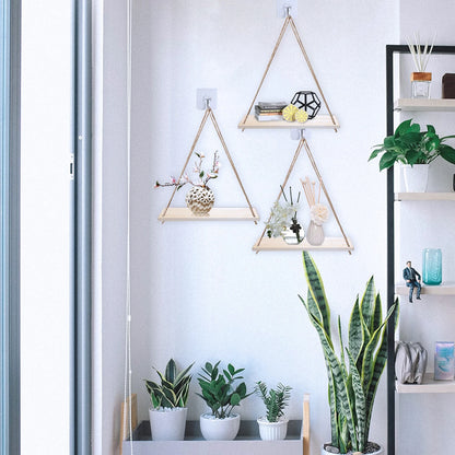 Hanging Macrame Floating Shelves - Triangle Rope Shelf with Natural Reclaimed Wood