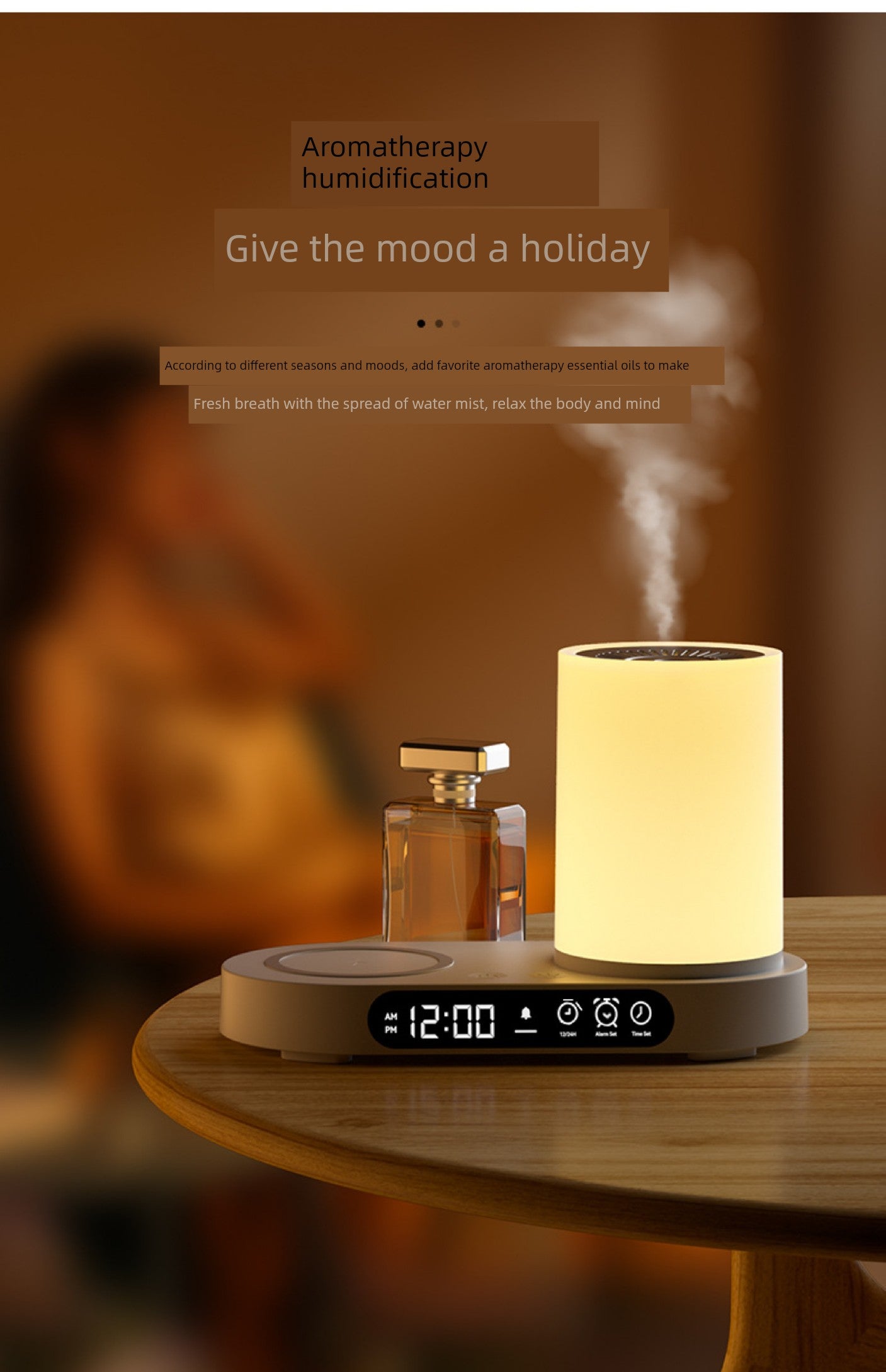 Nano Aroma Diffuser Humidifier with Wireless Phone Charger Clock Bluetooth Audio for Bedroom