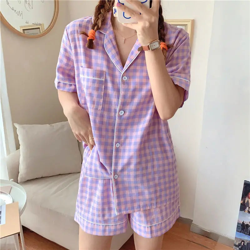 Women's Summer Plaid Pajama Set - Short-Sleeve Top & Shorts Two-Piece Sleepwear